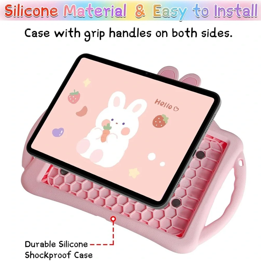 iPad Air 5th 4th Pro 11 Case Kids Pink Rabbit Silicone Cover Strap Stand